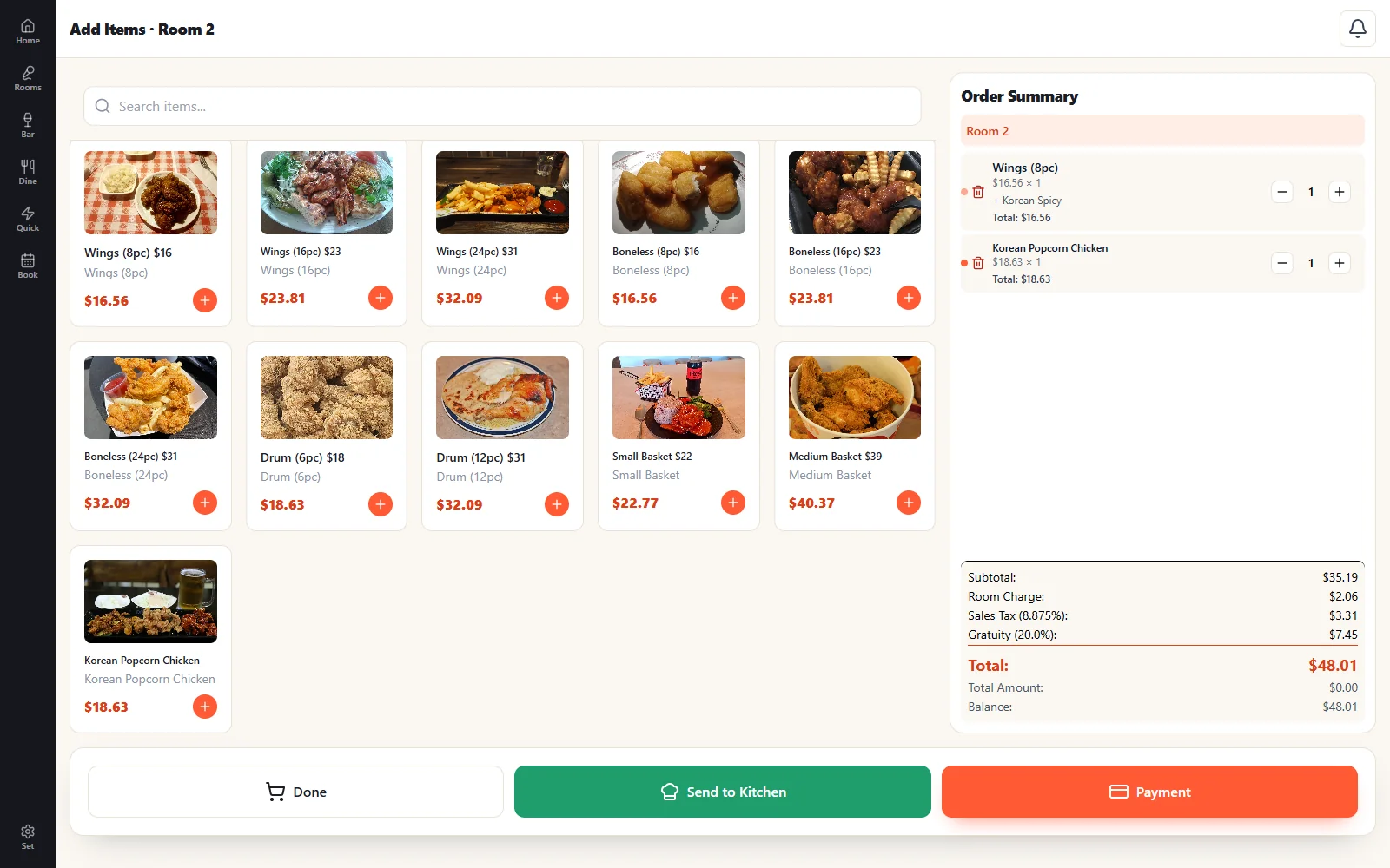 Register POS with photo menu and order summary